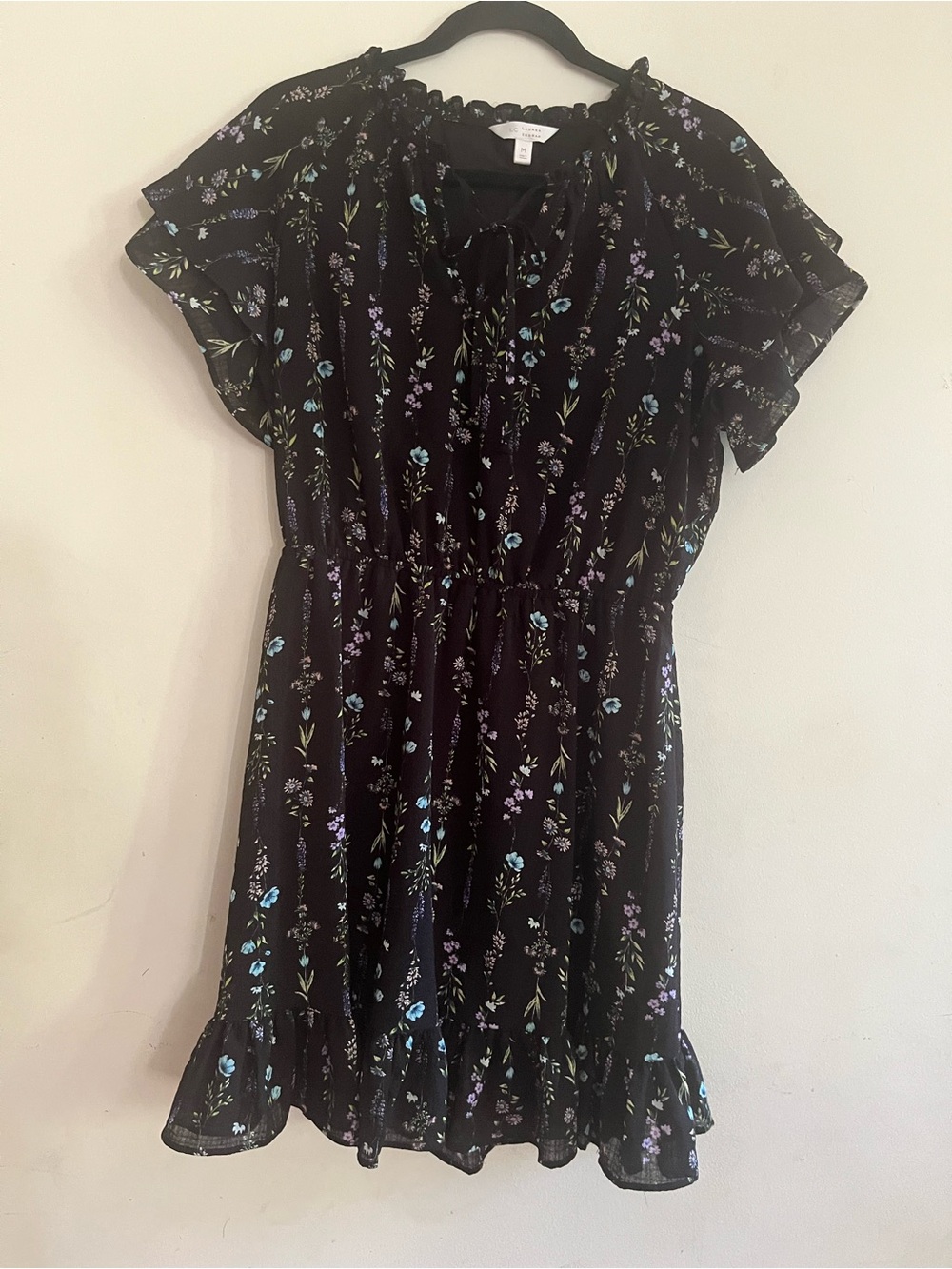 Black Floral Mini Dress Medium Romantic Ruffle Sleeve Garden Summer Modest
